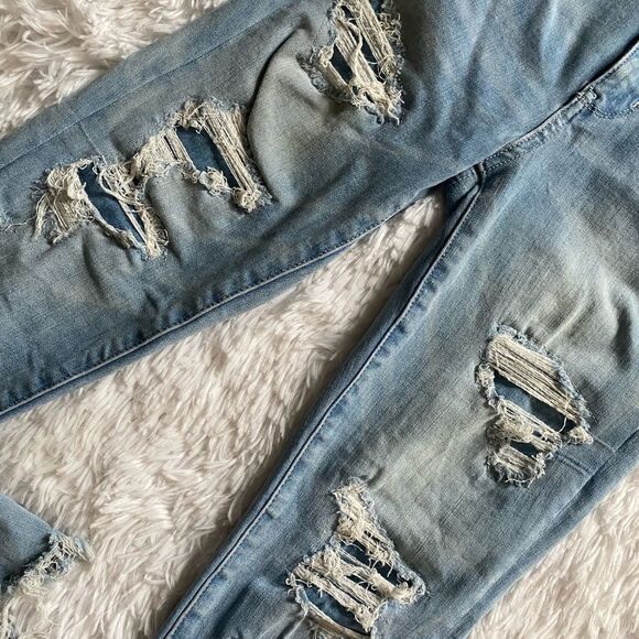 American Eagle Jeans 360 Stretch Super Hi Rise Jeggings Distressed Raw Ankle 2 - Picture 3 of 12